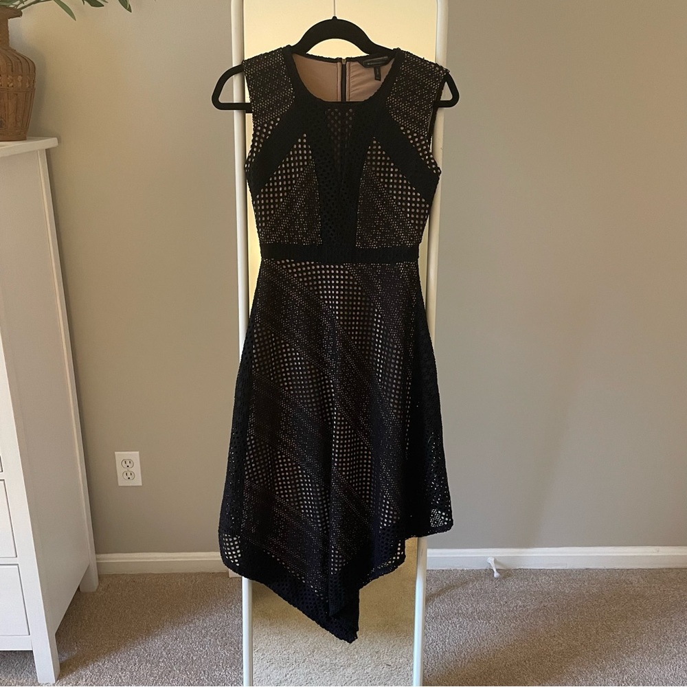 BCBG MaxAzria handkerchief hem dress with crochet detail